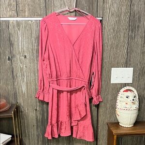 LC Lauren Conrad Coral Pink Long Sleeve Wrap Dress with Ruffle Hem